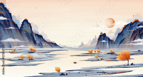 Colorful autumn ink landscape painting, classical traditional Oriental ink painting