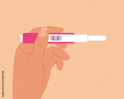 Hand Holding Pregnancy Test with Two Line Marks as Positive Result Flat Design Vector Illustration. Urine Sample Analyzing Kit. Ideal for Digital and Print Infographic.