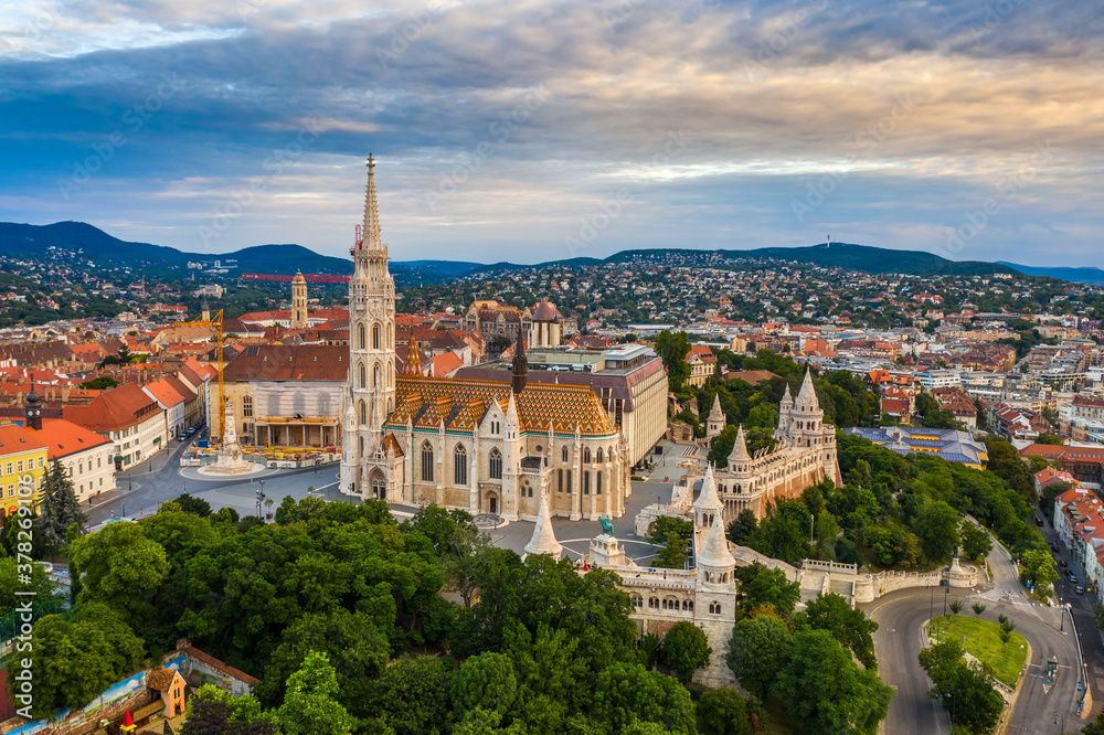 Budapest, Hungary - Aerial view of the famous Matthias Church and Fisherman's Bastion on a sunny summer morning with clouds