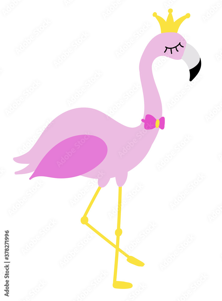 Cute flamingo with crown and bow. Vector flat illustration Cute flamingo with crown and bow. Vector flat illustration