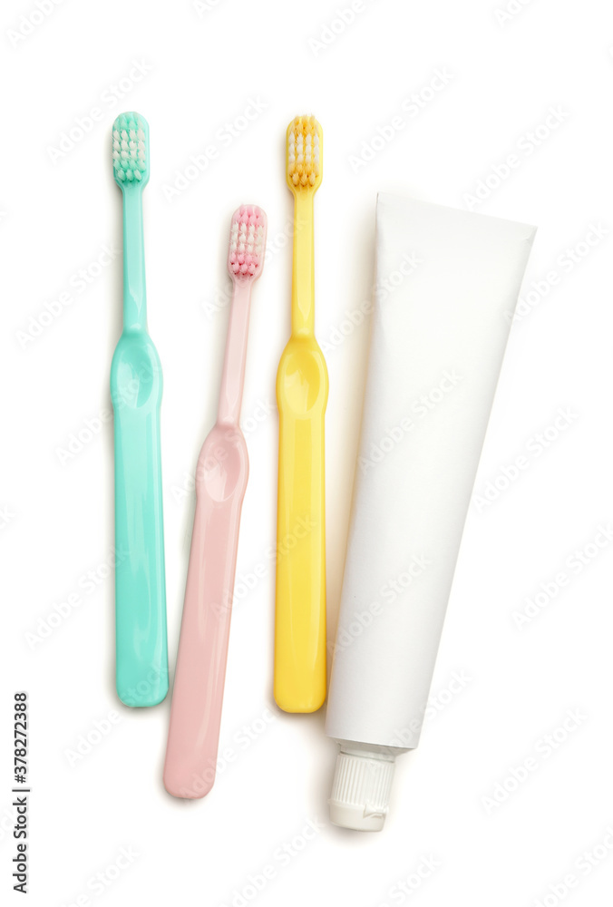 Tooth brushes and paste on white background Tooth brushes and paste on white background