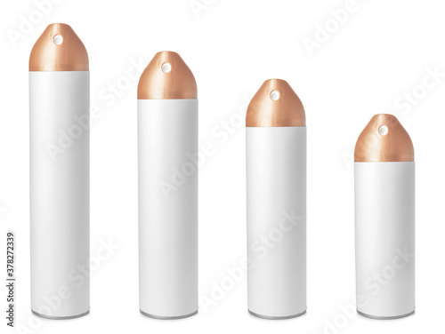 Air freshener in bottles of different sizes on white background