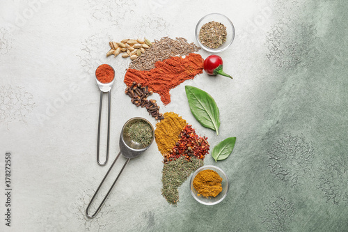 Fototapeta Naklejka Na Ścianę i Meble -  North and South America made of spices on color background