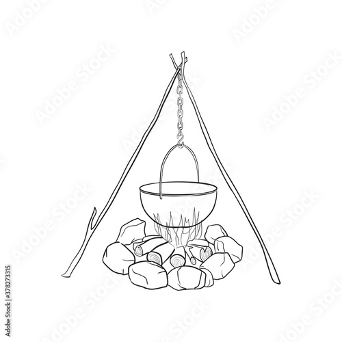 Hand drawn cauldron over the fire. Vector illustration.