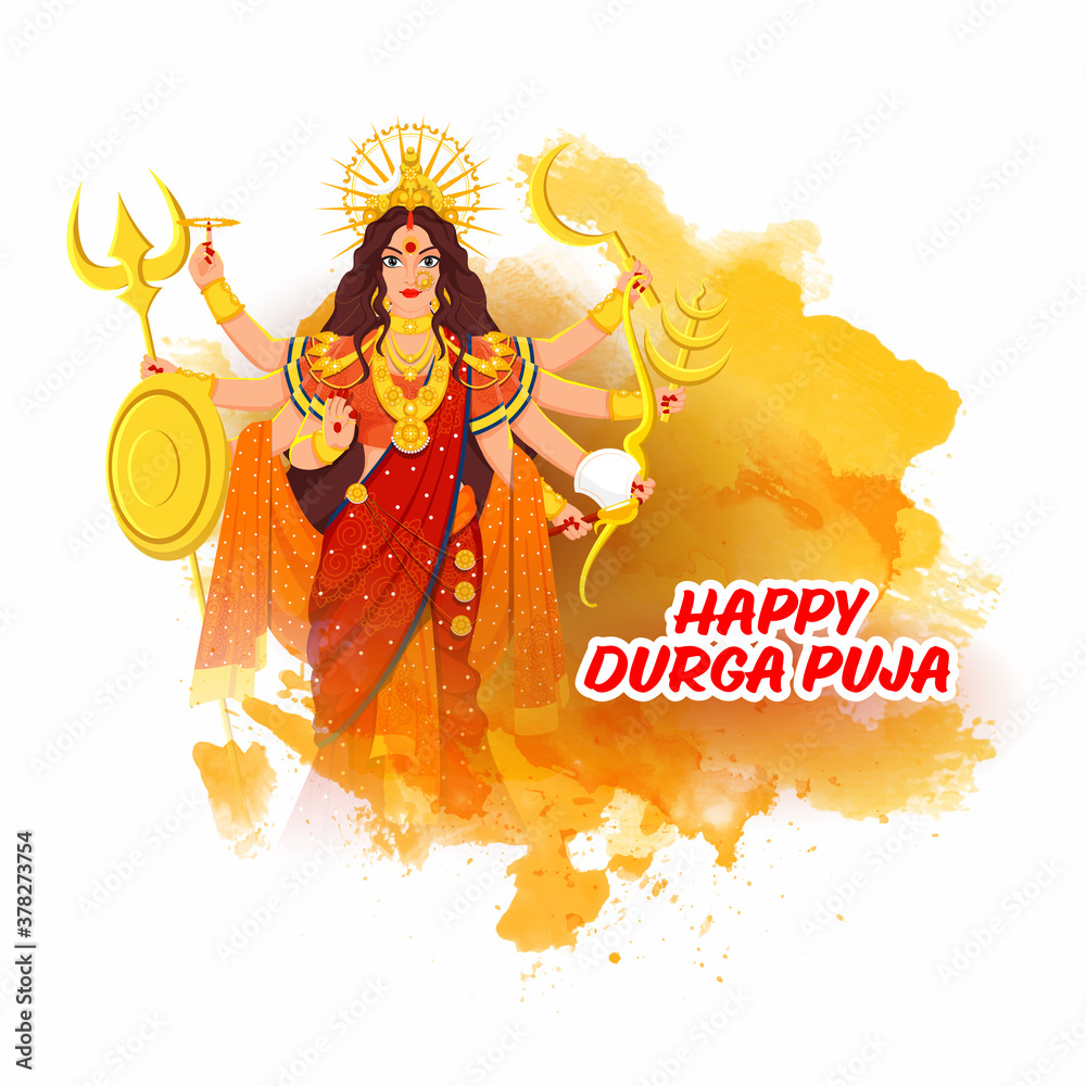 Hindu Mythology Goddess Durga Maa with Yellow Watercolor Effect on White  Background for Happy Durga Puja Celebration. Stock Vector | Adobe Stock