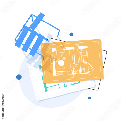 Construction design,Engineering and architecture design.Flat style.Technical drawing,mechanical engineering.Building construction,trends in design or architecture.Engineering workplace with tools.Indu