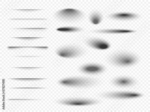 Set of transparent shadow with soft edges. Realistic shadow effect isolated on transparent background different shapes. Vector illustration