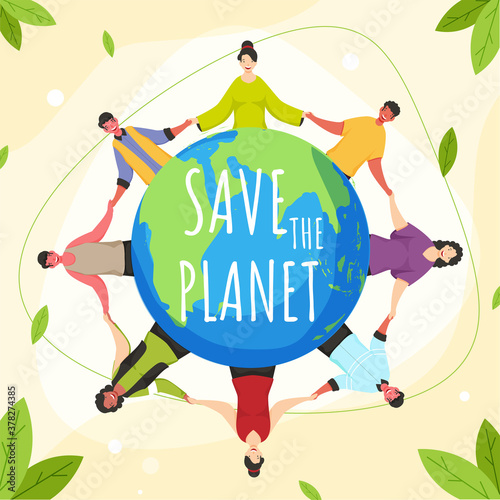 Cartoon Character of People Holding Hands Around The World and Green Leaves for Save The Planet Concept.