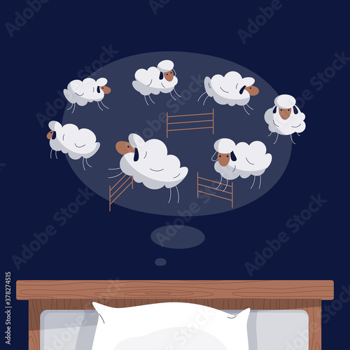 Cartoon sheep jumping over fence on night background. Trying to sleep, counting the sheep, insomnia, sleep disorder, sleeplessness, dream concept. Vector modern cute animal illustration in flat design