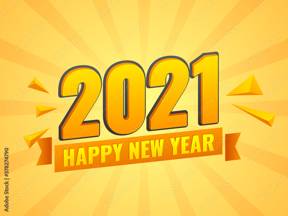 2021 Happy New Year Text with 3D Triangle Elements on Yellow Rays Background.