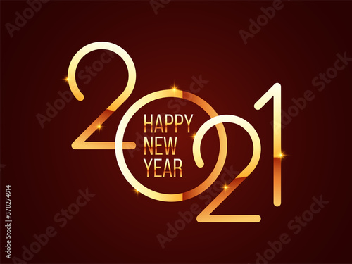 Stylish Golden 2021 Happy New Year Text with Lights Effect on Brown Background.