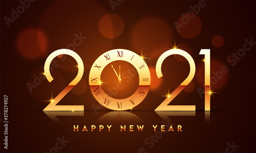 Golden 2021 Happy New Year Text with Wall Clock and Lights Effect on Brown Background.