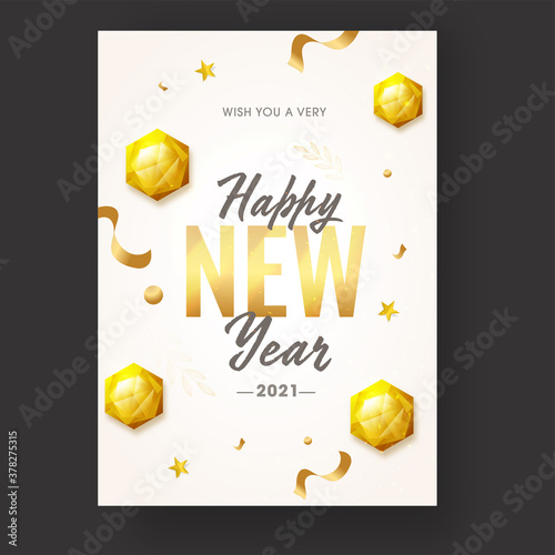 Happy New Year Wishing Card Template Layout with 3D Golden Hexagon Elements, Stars and Confetti Decorated on White Background.