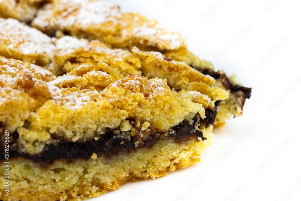 Tasty cake with powder sugar on top and plum stuff Tasty cake with powder sugar on top and plum stuff