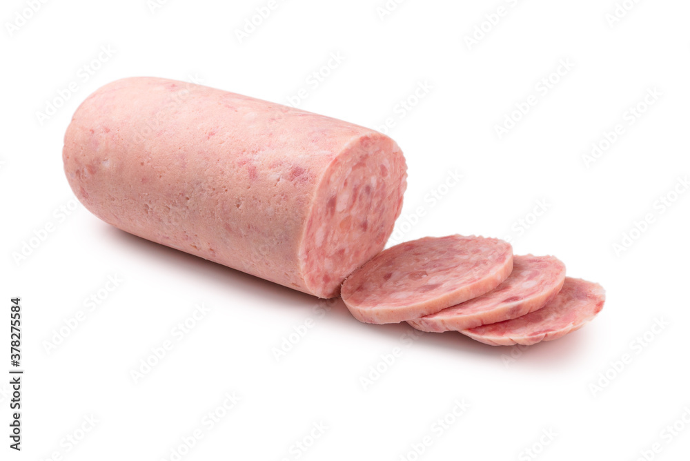Boiled sausage isolated on white background. Slices.