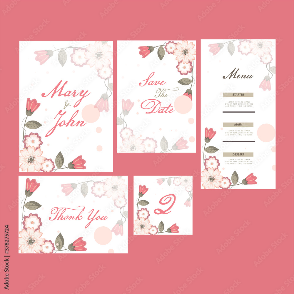 Beautiful Floral Wedding Invitation, Save The Date, Menu, Thank You and Table Number Card Design. Beautiful Floral Wedding Invitation, Save The Date, Menu, Thank You and Table Number Card Design.