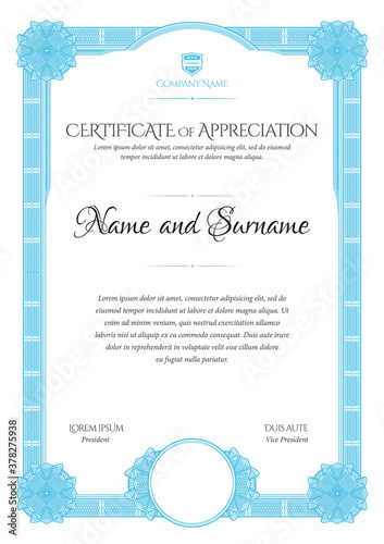 Certificate Template. Diploma of modern design or gift certificate. Frame from guilloche pattern. Elegant and expensive design. Vector illustration.
