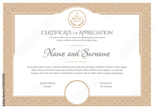 Certificate Template. Diploma of modern design or gift certificate. Frame from guilloche pattern. Elegant and expensive design. Vector illustration.