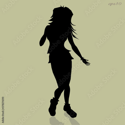 girl silhouette 
black silhouette of a girl dancing art long hair sneakers shadow short skirt one palm handiwork 
