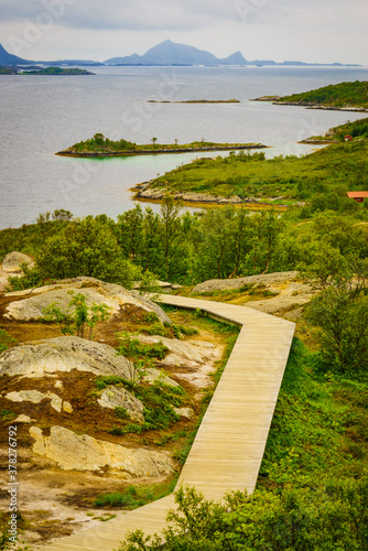 Walkway and fjord landscape, Lofoten Norway photo