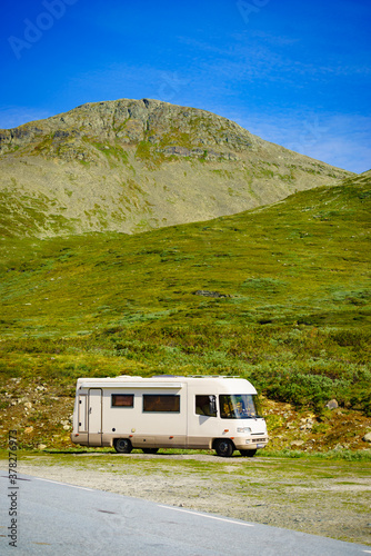 Camper car in norwegian mountains