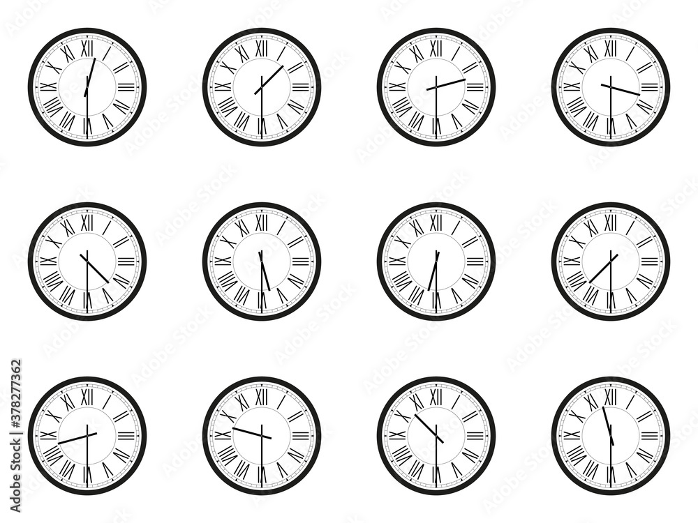 Set of analog wall clocks with black frame and hands. Flat style vector illustration. Simple classic round wall clock with roman numbers isolated on white background Set of analog wall clocks with black frame and hands. Flat style vector illustration. Simple classic round wall clock with roman numbers isolated on white background