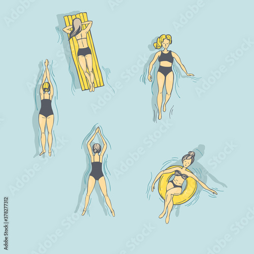 Swimmers, girls in the pool.  Vector illustration.