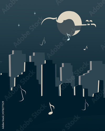 City at night by the light of the moon. Vector illustration.