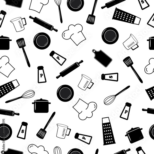 Seamless monochrome pattern with kitchen utensils. Vector monochrome illustration on a white background.