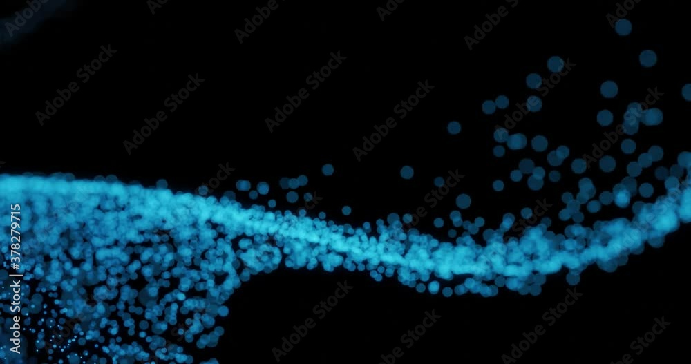 Blue Particle stream on black background 4k loop. Blue dots in force field. Abstract big data simulation  wave, 3d rendering
