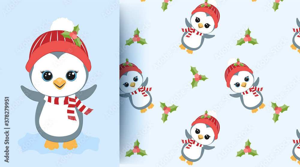 Cute animal baby penguin on blue seamless pattern illustration Cute animal baby penguin on blue seamless pattern illustration