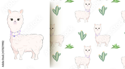 Cute animal baby llama and cactus seamless pattern illustration