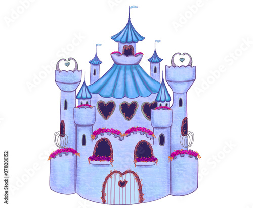 Magic blue Fairytale castle. Hand drawn cute blue princess Castle with decorations. Isolated on white background. Design for kids room, nursery room decor, cards, invitations, baby showers. Cartoon.