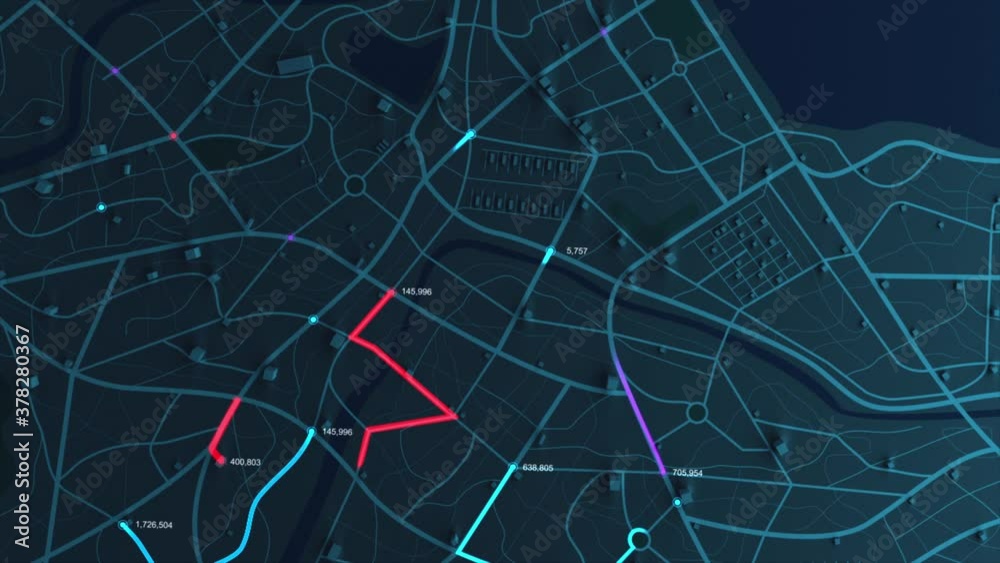3D rendering GPS map navigator with direction path, different color of a route for transport concept, select focus shallow depth of field