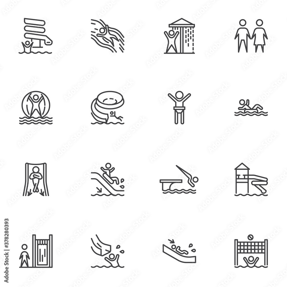 Aqua park line icons set, water park outline vector symbol collection, linear style pictogram pack. Signs, logo illustration. Set includes icons as water slide attraction, swimming pool, shower - obrazy, fototapety, plakaty 
