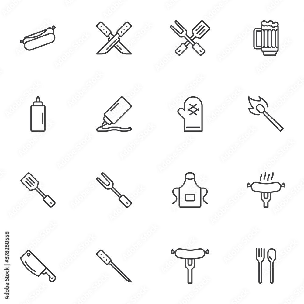 Barbeque related line icons set, BBQ outline vector symbol collection, linear style pictogram pack. Signs, logo illustration. Set includes icons as hot dog, knife and fork, beer mug, sausage, mustard