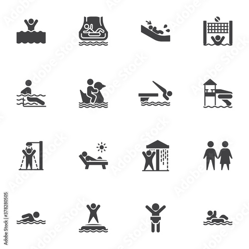 Water park vector icons set, aqua park modern solid symbol collection, filled style pictogram pack. Signs, logo illustration. Set includes icons as swimming pool, shower, water slide attraction