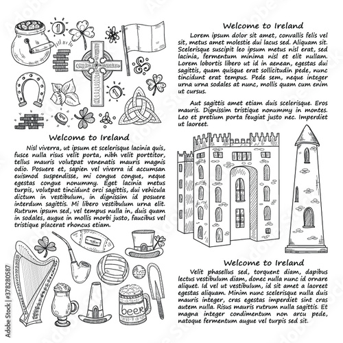 Card template with Ireland related hand drawn icons including irish coffee; irish round tower and others. Doodle vector Ireland related collection