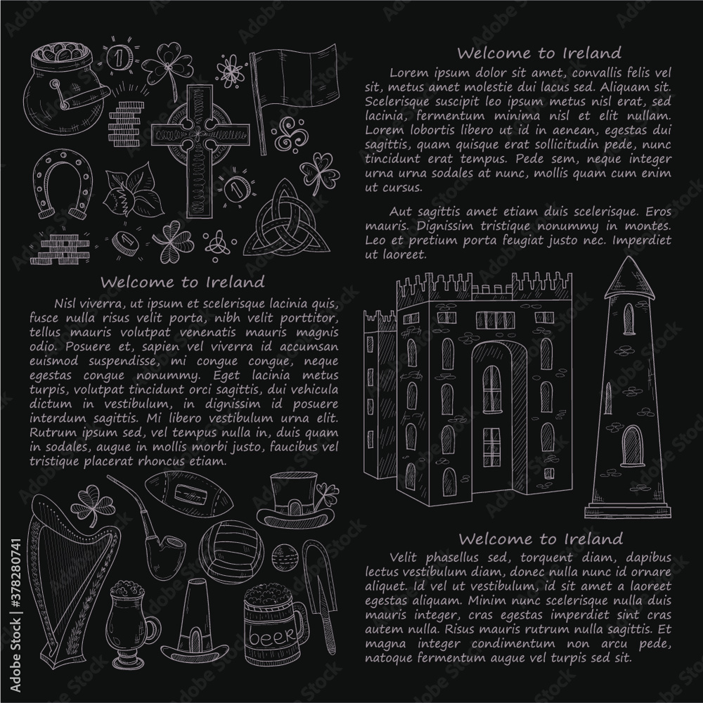 Card template with Ireland related hand drawn icons including irish ...