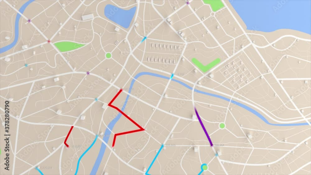 3D rendering GPS map navigator with direction path, different color of ...