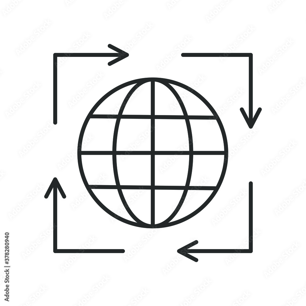 icon, line globe with arrow, four arrows square shaped icon, line globe with arrow, four arrows square shaped