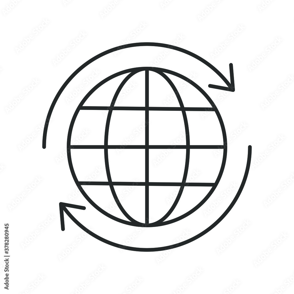 icon, line globe with arrow, two circular arrows