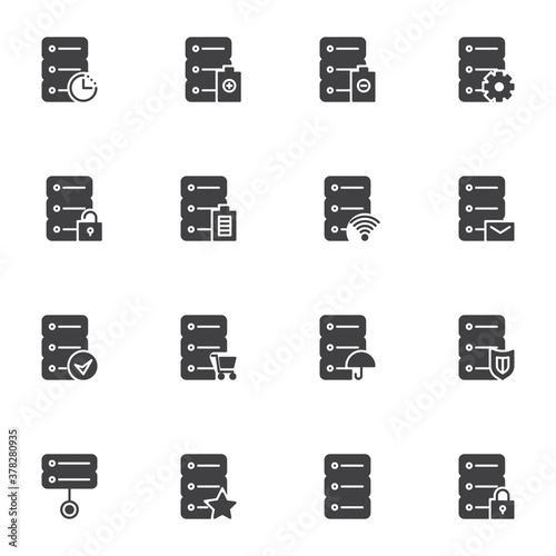 Data center hosting vector icons set, modern solid symbol collection, filled style pictogram pack. Signs, logo illustration. Set includes icons as database server, data protection, system preference