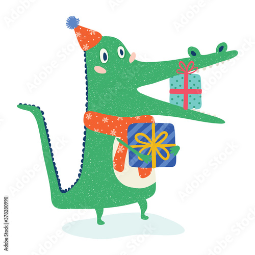 Cute crocodile with christmas gift boxes. Merry Christmas. Hand drawn vector illustration for greeting card, print, posters design, children artworks.