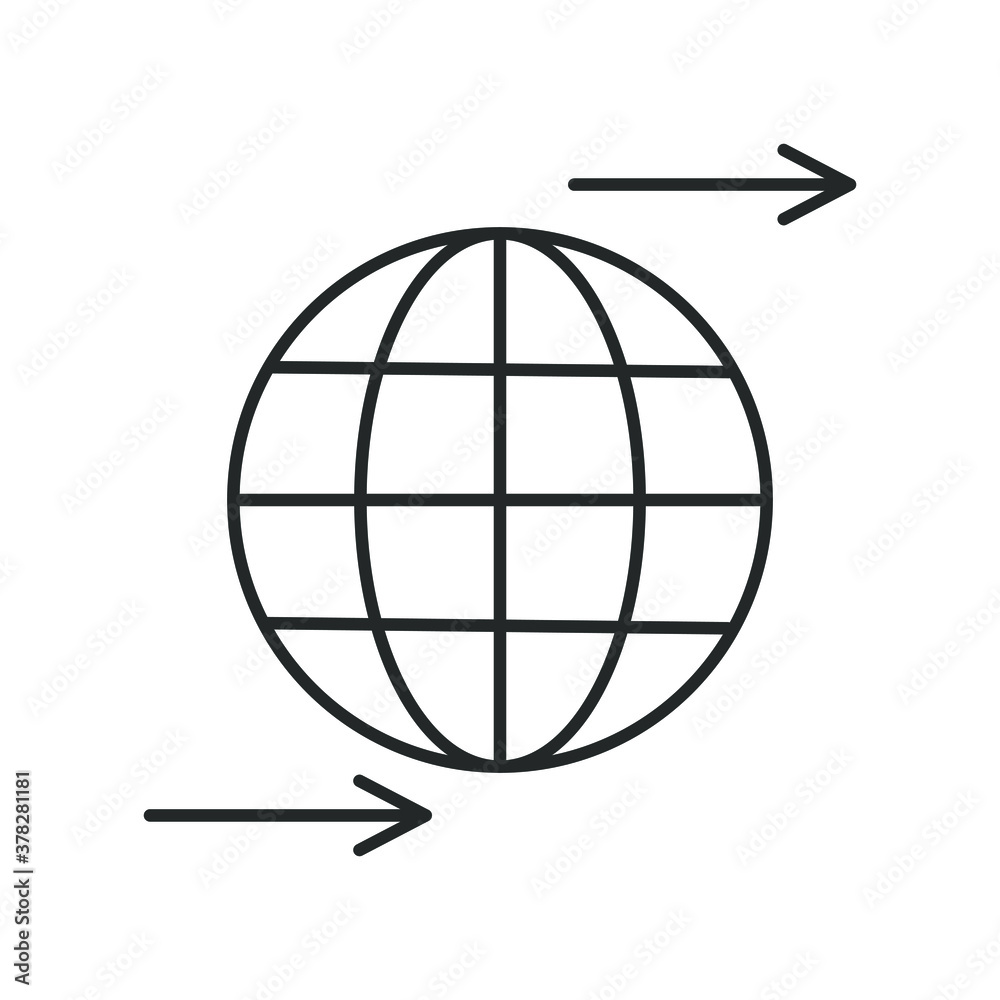 icon, line globe with arrow, two arrows above and below, directed to the right