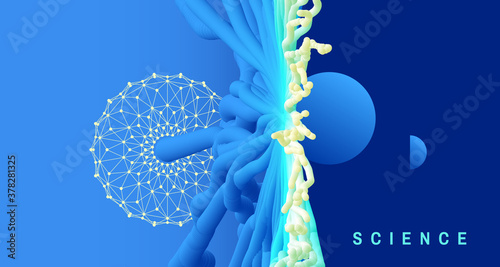 Cosmic art. Array with dynamic emitted particles. Abstract background with trendy gradient. 3d vector illustration for online courses, master class, seminar, presentation, webinar or lecture.