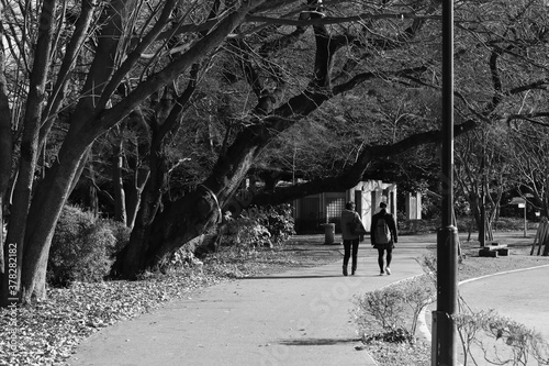 公園を歩く二人