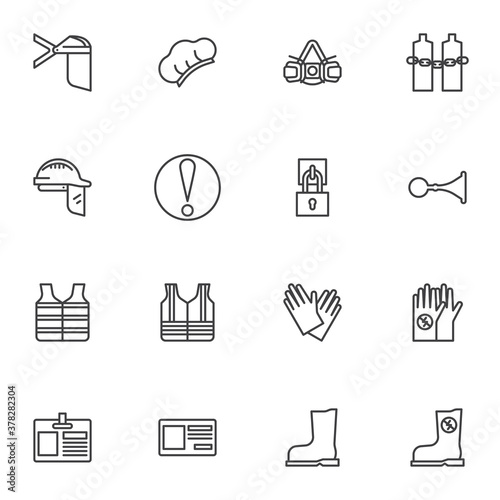 Mandatory signs line icons set, outline vector symbol collection, linear style pictogram pack. Signs, logo illustration. Set includes icons as protective gloves, rubber boot, safety helmet, face mask