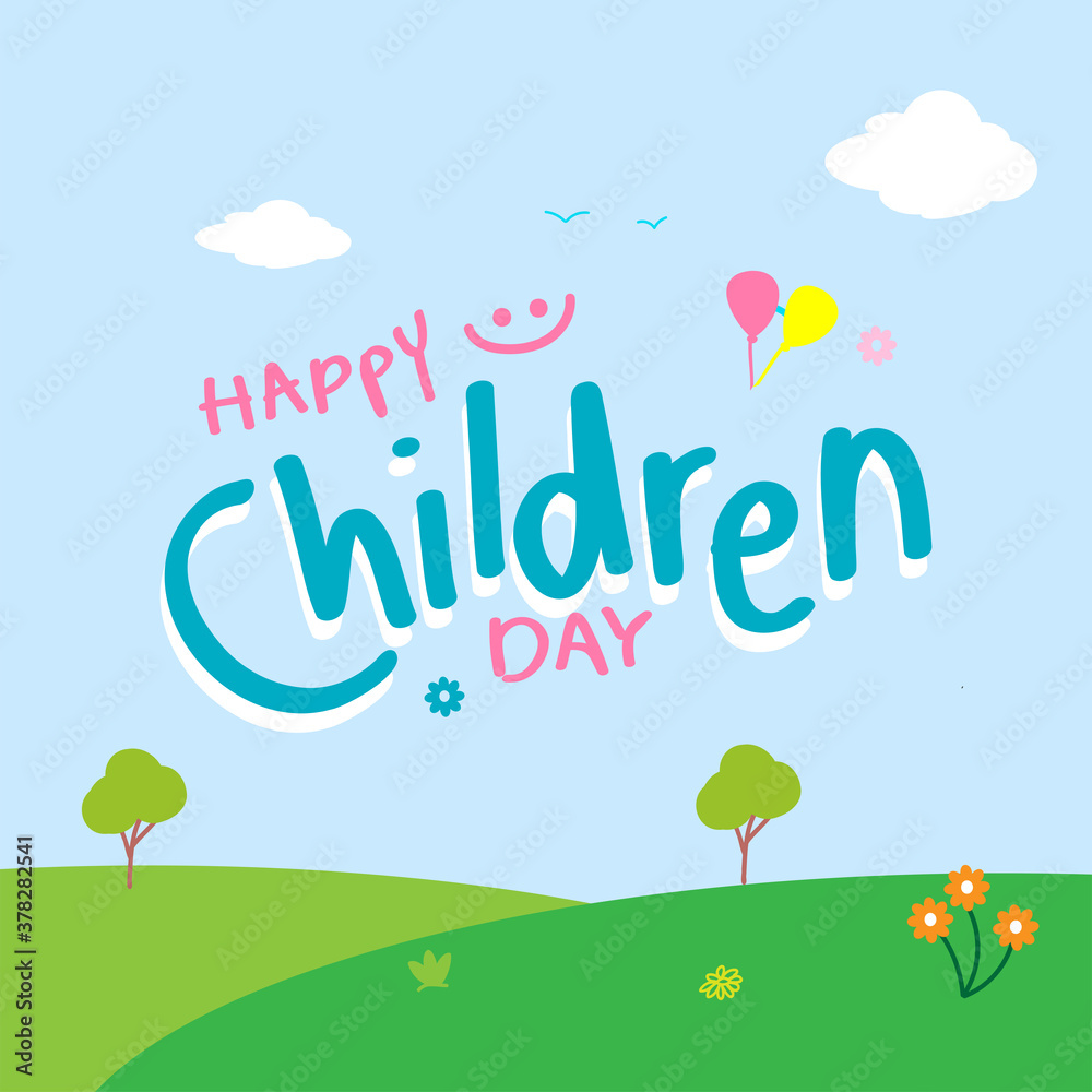 Happy Children's Day greeting card. Doodle letters on white background with child style.