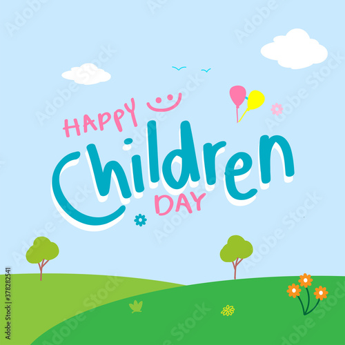 Happy Children's Day greeting card. Doodle letters on white background with child style.